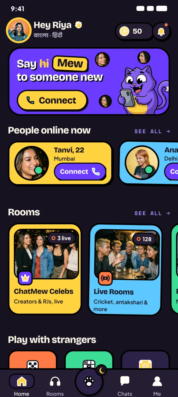 ChatMew home screen in dark mode