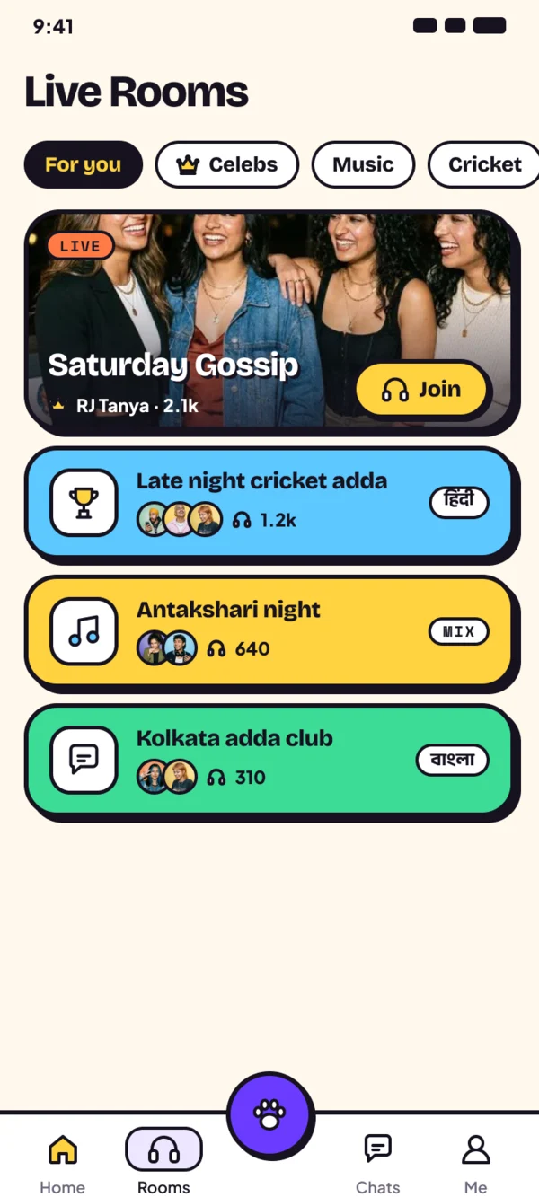 ChatMew Live Rooms screen